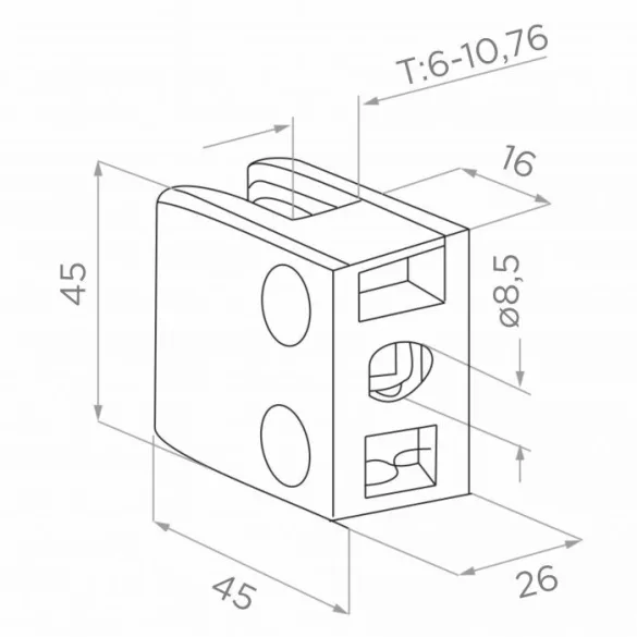 Glashalter  würfelformig für ebene Fläche 45 x 45 mm (oben) Edelstahl